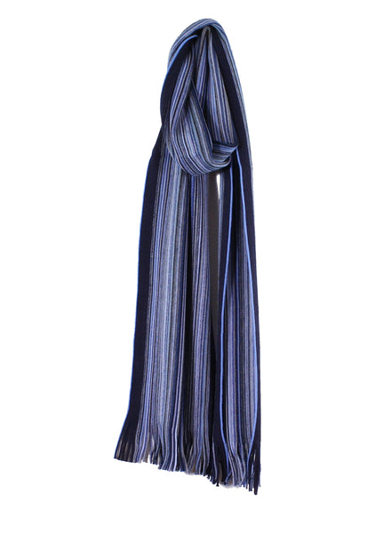 Pencil Stripe in Blues Wool Knit Scarf with Fringe
