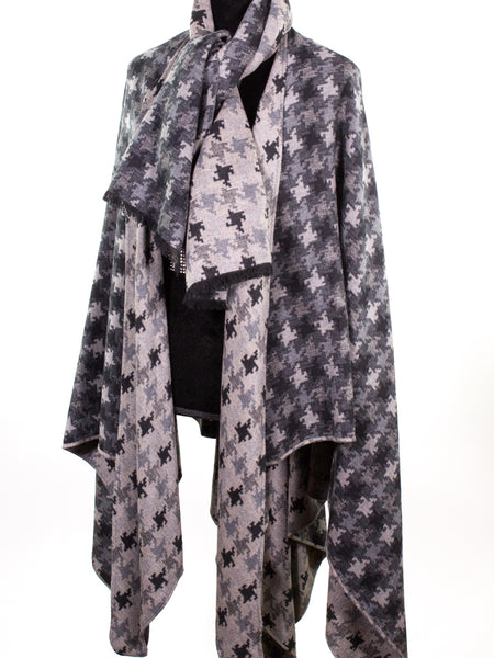 Brushed Silk Houndstooth Cape with Scarf
